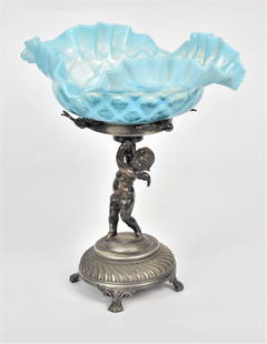 Blue Opalescent Lattice Art Glass Brides Bowl: Crimped rim 3 1/2" H x 9 1/2" W. Setting on a Cherub standard impressed The Acme Silver Co, Toronto, Quadruple plate, #463,base 11" H combined. All good condition.