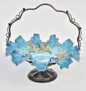 Hand Painted Blue Brides Bowl: Shiny Blue brides bowl hand painted with gold ferns & flowers and victorian transfers of men & women, crimped ruffled rim, 3 1/2" H x 15" W, Basket marked forbes Silver Co. Quadruple plate, 407. Good