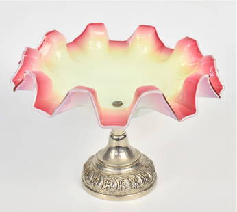 Shiny Peachblow Art Glass Brides Bowl: Square pinched rim 11" W, on an ornate unmarked stand, 8"H overall. Attractive and clean. Good condition..