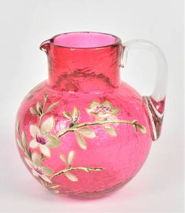 Ruby Crackle Art Glass Milk Pitcher: Pleasing enamel floral design. 5"H. Very good condition.