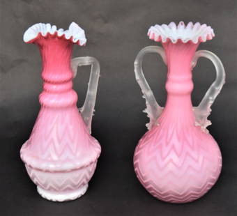 Two Pink Satin Harringbone Art Glass Ewers: Camphor branch handles both 10 1/4"H and in very good condition