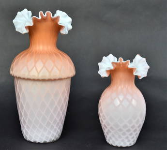 Two Apricot Satin Art Glass Vases: Satin diamond quilted mother of pearl vases with ruffle top rims 10 3/4" H and 7 1/4"H. Both in good condition