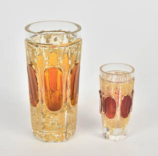 Moser Cordial Plus Tumbler: Cordial 3 1/4" high, plus a 5" tumbler. Hexagonal cut panels with ornate enamel among amber and ruby overlays. Nick to cordial base but otherwise good condition.