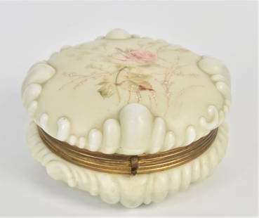 Large Wavecrest Dresser Box: Rose blossom on cover, 4"H x 7" Dia, unmarked. Good condition