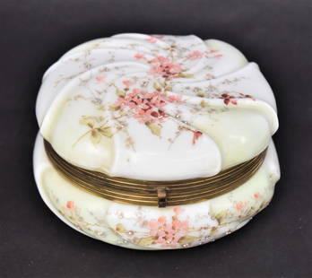 Large Wavecrest Helmsmeid Swirl Dresser Box: With pink forget me nots. 4"H x 7"Dia, unmarked. Condition VG.