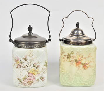 Two Wavecrest Cracker Barrels: Squared with covers, Hand Painted floarl on one, each 9" H x 5" w. Wear to metal otherwise good condition