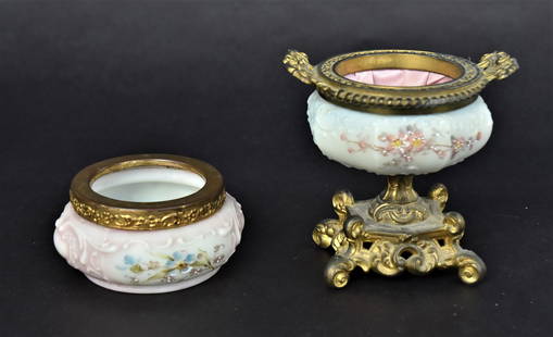 Two Wavecrest Items: Bowl on ornate standard,4" high, plus a stamped Wavecrest open box, 1 3/4" H. Both in good condition
