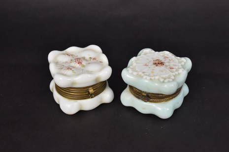 Two Wavecrest Jewelry Boxes: Hand painted florals, both measure 2 1/2"H x 3"W green one marked. Good condition..