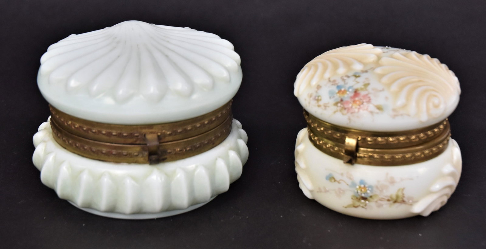 Two Wavecrest Shell Embossed Dresser Boxes: Measures 3"H x 4"W and 2 3/4" H x 3 1/4"Dia, both marked Wavecrest. Good condition..