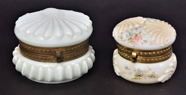 Two Wavecrest Shell Embossed Dresser Boxes: Measures 3"H x 4"W and 2 3/4" H x 3 1/4"Dia, both marked Wavecrest. Good condition..