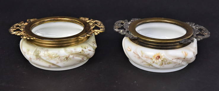 Two Wavecrest Open Dresser Jars: With ornate metal rims. Each 1 1/2"x 4"'W, unmarked . Good condition..