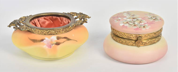 Two Nakarka Marked Dresser Items: Covered box " diameter x 3" high; and a 2 1/4"H x 5"W open jar, attractive and decorative. Condition both VG