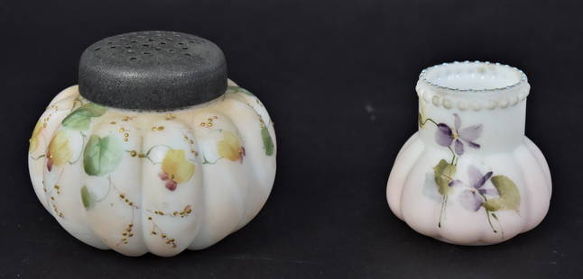Mt. Washington Satin Muffineer & Toothpick Holder: Muffineer, floral decoration, 2 3/4" high; plus a 2 1/4" toothpick holder, floral. Condition both VG.
