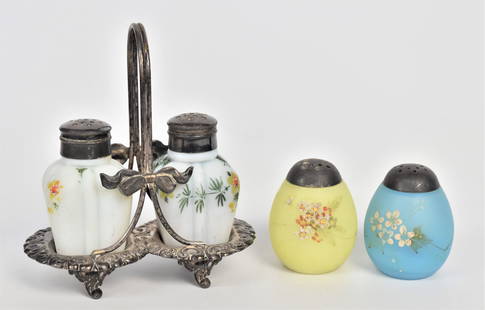 Four Mt. Washington Salt & Pepper Sets: Pair 3" Square ribbed in Homan Silver Plate co quadruple plate holder, plus a 2 1/4" blue or yellow egg shaker with floral. All in good condition.