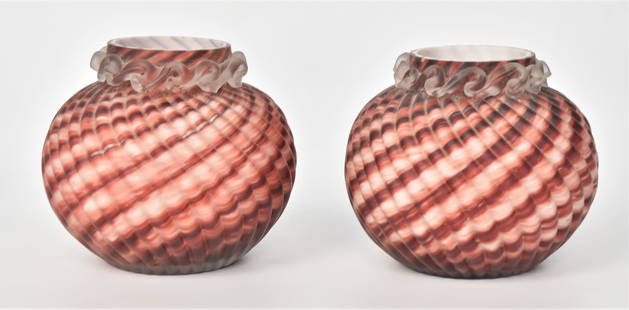 Pair Tortise Shell Reverse Swirl Rose Bowls: Frosted rigaree trim, 4"H x 4 1/2"W, Attractive set, Condition VG.