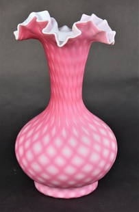 Pink Cut Velvet Diamond Quilted Vase: Crimped ruffle rim, 9 1/4" high. Condition VG.