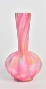 Rainbow Satin Melon Ribbed Art Glass Vase: Colorful, 6 1/4" high. Condition VG.