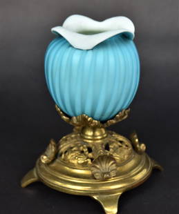 Blue Mother of Pearl Satin Potpourri: Mounted onto an ornate brass cast base. Height 6 1/2" base 6"W, hand marks below base. Good condition