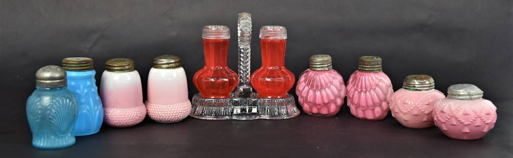 Five Assorted Art Glass Salt & Pepper Shakers: Orange set in 4 1/2" glass holder, shortest is 2 1/4". Good condition.