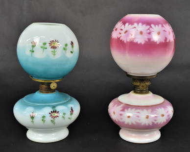 Two Miniature Gone With The Wind Lamps: 7 1/2" and 8 1/4"H, Lilac marked P&A Mfg Co on Wick winder, all original. Good condition.