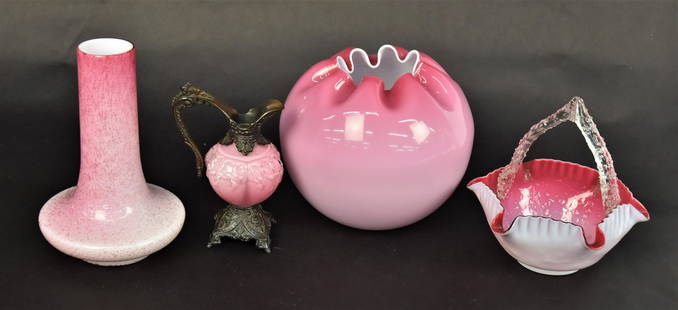Lot Of Art Glass Vases, Plus: Lot of four, including two silver spangle items a 6 1/2" vase and a 5 1/2" basket, 5" ewer plus a large peachblow rose bowl, 5 1/2"high x 6" diameter. Condition all VG.