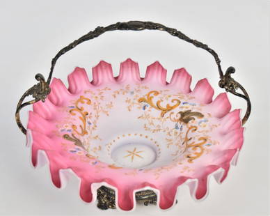 Satin Peachblow Art Glass Brides Basket: Ornately enamel decorated and mounted within a 10"H Horman silverplate frame, 11 1/4"Dia Bowl, very ornate. Good condition.