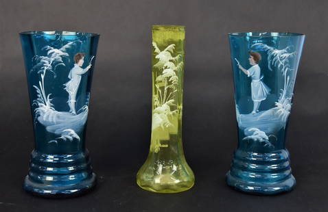 Three Assorted Mary Gregory Vases: Enameld vases 2 blue, 1 yellow, tallest 6 "h. Good condition..