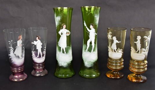 Six Assorted Mary Gregory enamel vases: Variety of colors, tallest is 10" H, Shortest 7". All in good condition