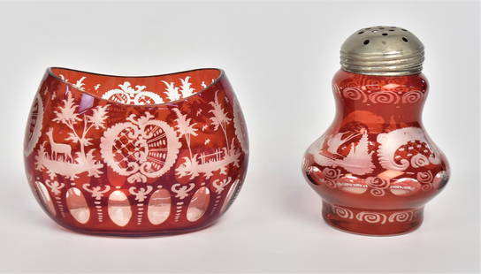 Two Bohemian Flash Ruby Cut to Clear Pieces: 5" Muffineer, 3 3/4" H x 5" W oblong bowl, woodland themes with deer and rabbits. Good condition.