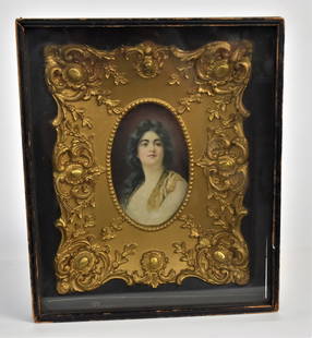 Shadow Box Frame with Portrait: Of a young black haired maiden lithograph on paper board, marked PTS, box measures 12"H x 10" w. Very good condition, all original.