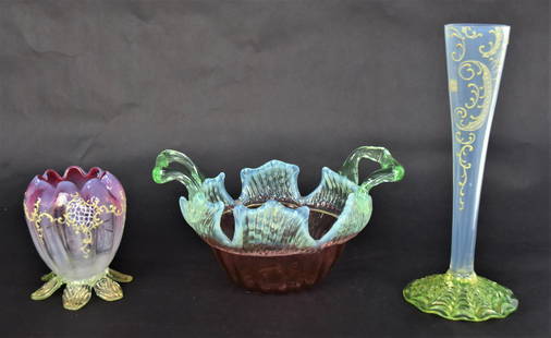 Decorative Bohemian Art Glass Vases, Plus: Double handled basket 5"h x 9" W, a 4 1/4" cranberry opalescent vase with enameling, plus a 10" opalescent enamel decorated bud vase on sipderweb base. All good condition