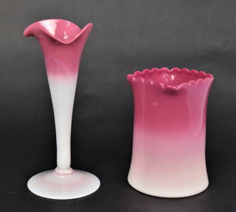 New England Peachblow Vase& Spooner: A 6 1/4" miniature lily vase, a 4 3/8" spooner with squared & scalloped rim. Swirl effects to lily vase. Good condition. to each.