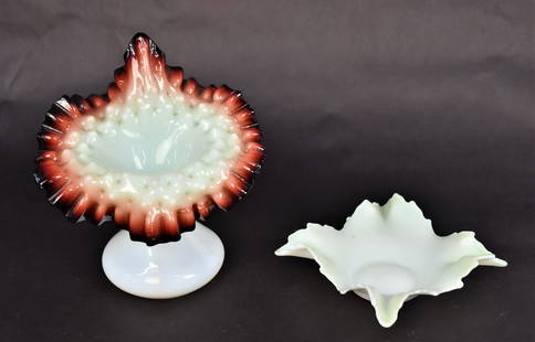 Two Victorian Art Glass Jack -In-Pulpit Vase Plus: Fancy rubina opal Jack-in-the-pulpit, 7"H x 7"W, plus a pale green squared tray with sicssor cut edge, 1 1/2"H x 7"W. Good condition.