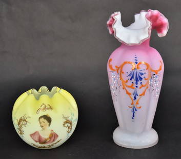 Victortian Art Glass and Rose Bowl: Pink ruffled top 9 1/2" high vase with hand enameling plus a yellow rose bowl with painted decal of a victorian lady framed by a fancy scrollwork, 4"H x 4 1/2"W. Factory roughness at rim. Otherwise