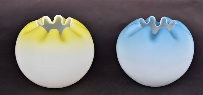 Two Large Art Glass Satin Rose Bowls: Ruffled rims, one blue one lemon yellow, Each are 4 1/2"H x 5 1/2"W. Good condition.