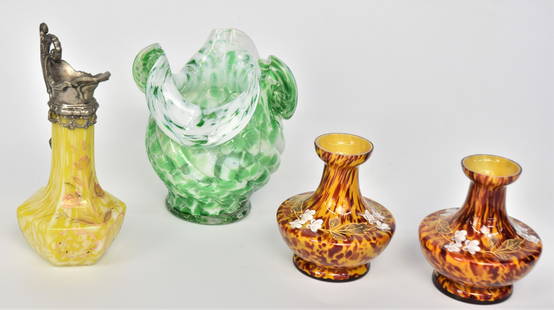 Vintage Art Glass Spatterware Group: A 5 3/4" green & white reverse swirl vase, a 6 1/2" yellow ewer with metal top, and a pair of tortise shell vases, 3 3/4"H with enameling, both have rim roughness, colorful group. As above good