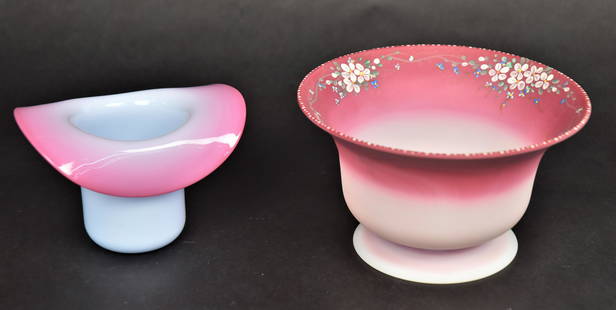 Two Pairpoint Peachblow Art Glass Bowl & Hat: A 3" shiny hat plus a 3"H x 5 1/2" dia footed satin bowl with forget-me-not enameling. Both good condition.