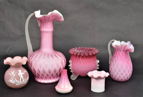 Assorted Pink Satinware Vases, Plus: Includes a 3" peachblow bud vase and 4 " satin ewers vase & toothpick holder, and 4 1/2" reverse swirl with rigaree feet , has chip to foot. tallest 10". Otherwise all good condition.