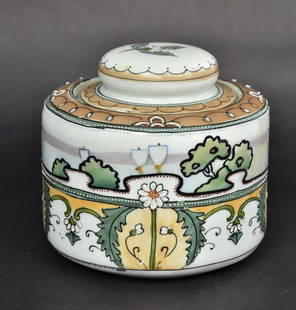 Nippon Hand Painted Covered Humidor: With sailing vessels and enamel floral motif 5 1/2" H x 6"W, Minor paint rubs & enamel loss