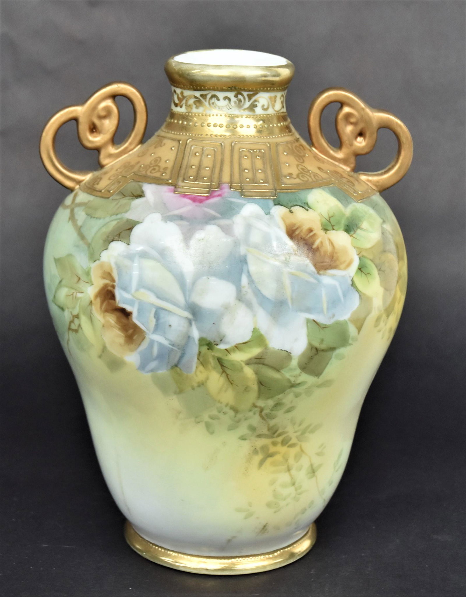 Nippon Hand Painted Vase: With white roses, decorative raised gold collar, 8 1/4"H, both handles repainted, nice floral design