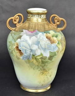 Nippon Hand Painted Vase: With white roses, decorative raised gold collar, 8 1/4"H, both handles repainted, nice floral design