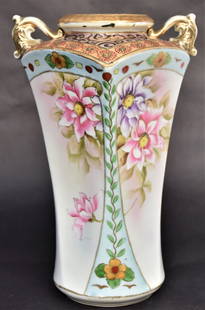 Nippon Double Handled Vase: With floral decoration and gold highlights. Marked, 12 "H. Good Condition