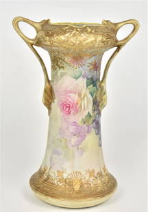 Nippon Hand Painted Handled Vase: With roses and grapes, highly decorative with raised enameling& gold accents, 11 1/2"H x 5 3/4"W across base, after factory gold touch-ups.