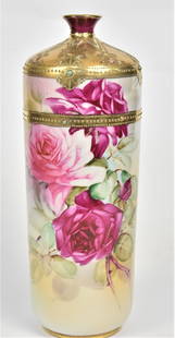 Nippon Hand Painted Enameld Jeweled Vase: With ruby and pink roses 10 1/2"H Ornate gold on shoulder, desirable design. Good condition.