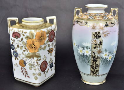 Two Nippon Vases: Fine 8" vase squared with floral dÃ©cor marked min wreath Nippon hand painted a 9 1/2" handled vase with floral marked T China E-OH Hand Painted Nippon. Good condition.