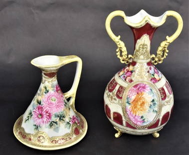 Nippon Hand Painted Vase & Ewer: Chrysanthemum raised gold & enamel decoration an 11" handled vase plus a 7 1/4" petticoat ewer. Good condition.