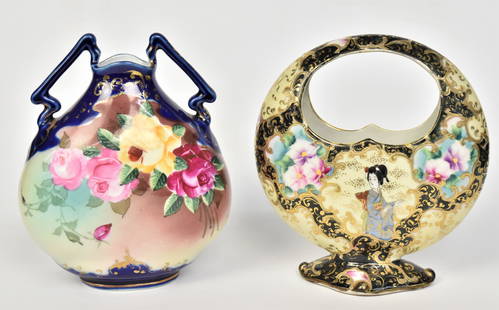 Nippon Vase & Basket: A 7 3/4" cobat handled vase plus a 7 1/2" basket with Geisha & floral motif. Good condition.