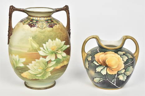 Two Nippon Hand Painted Handled Vases: An 8" moriage with water lilies, plus a 5" with yellow rose. Good condition.