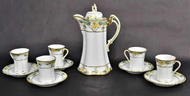 Nippon Hand Painted Chocolate Set: Yellow floral, a 9 1/4" pot, Five 3" cups and six 5"dia saucers M in Wreath mark. Good condition.