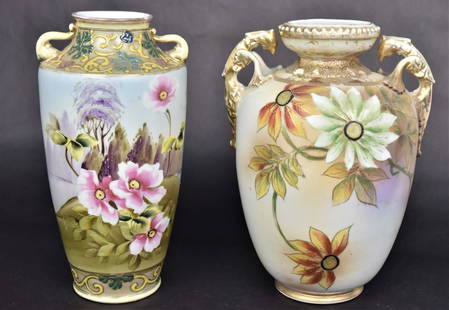 Two Nippon Handled Vases: A 9 3/4" with dragon handles and clemants decoration, a 10" handled with floral & landscape. Good condition.